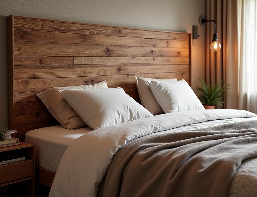 Cama de casal Serra com cabeceira rústica em madeira recuperada.