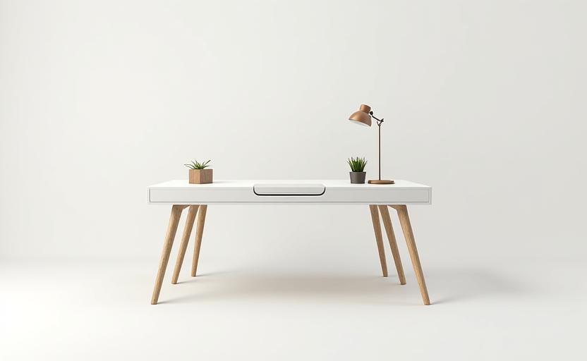 Secretária Luz de estilo minimalista com pernas de madeira.